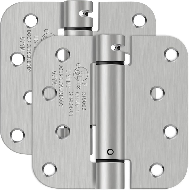 IOQ 4 Inch Self Closing Door Hinges, 5/8" Radius Corners Spring Loaded Hinges for Exterior, Garage, Front and Back Door, UL Listed, for Left and Right Hand Door, Brushed Nickel, 2 Pack - Image 1